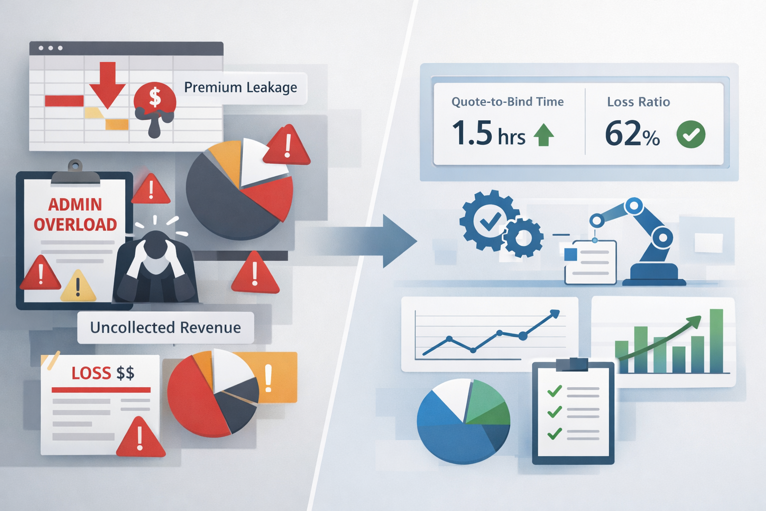 Illustration showing problems like admin overload and premium leakage transforming into efficiency metrics.